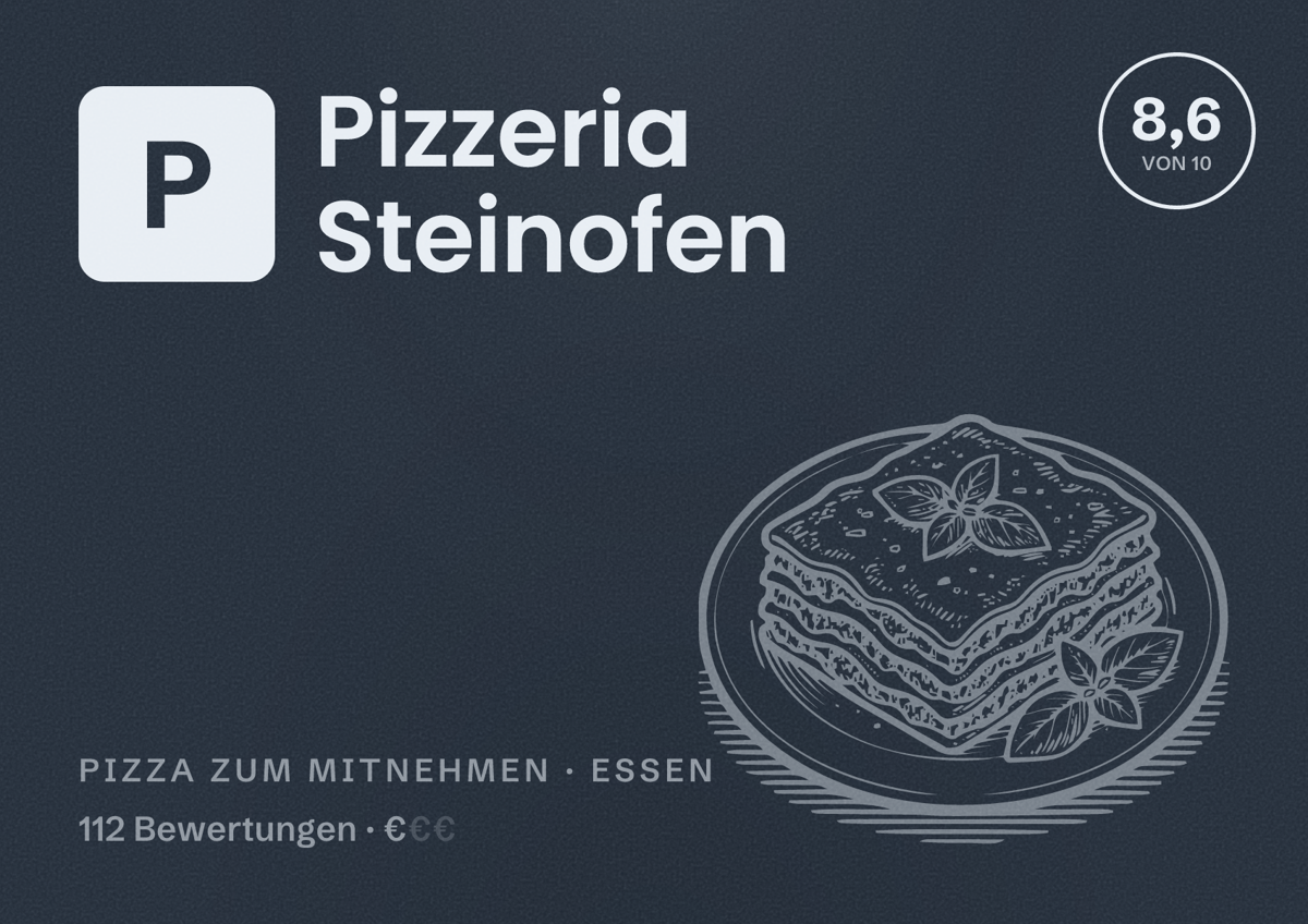 Illustriertes Poster von Pizzeria Steinofen, Pizza zum Mitnehmen in Essen: Bewertung 8,6 von 10 aus 112 Bewertungen, Preisniveau €