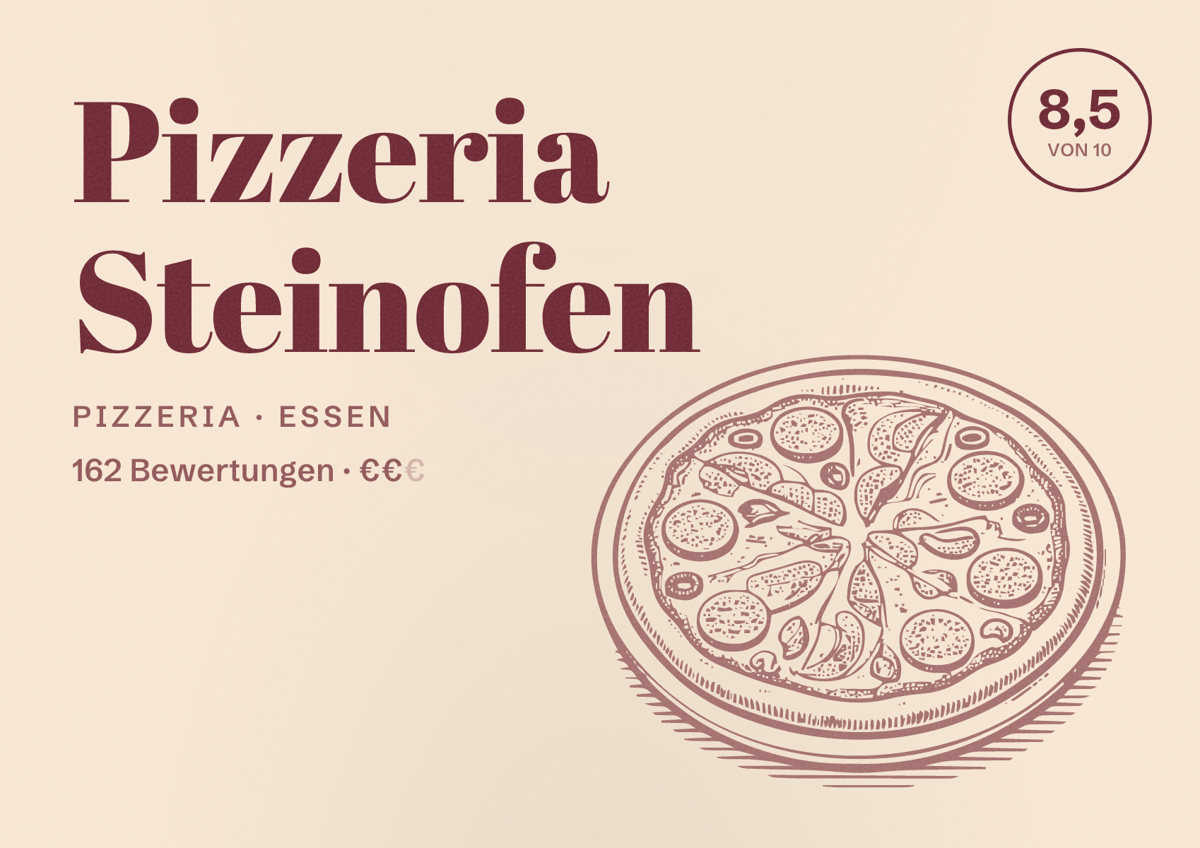 Illustriertes Poster von Pizzeria Steinofen, Pizzeria in Essen: Bewertung 8,5 von 10 aus 162 Bewertungen, Preisniveau €€