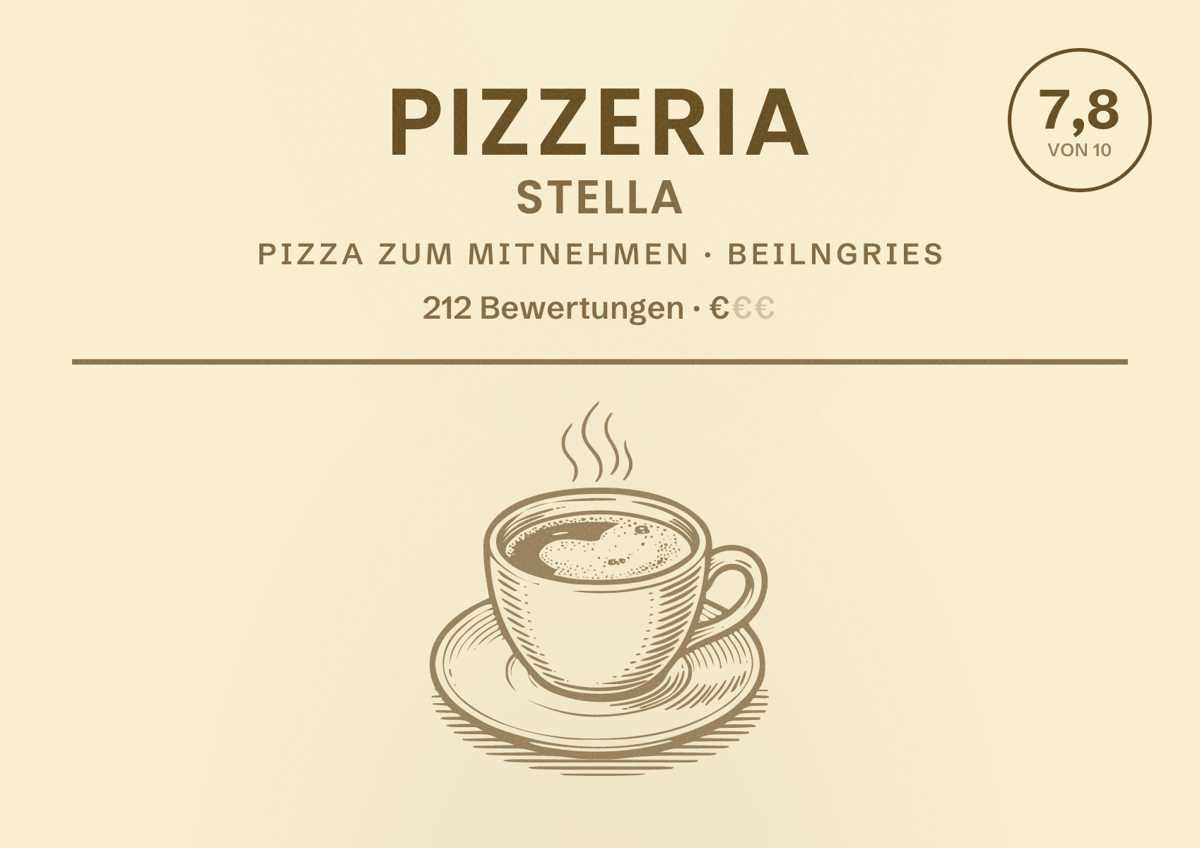 Illustriertes Poster von Pizzeria Stella, Pizza zum Mitnehmen in Beilngries: Bewertung 7,8 von 10 aus 212 Bewertungen, Preisniveau €