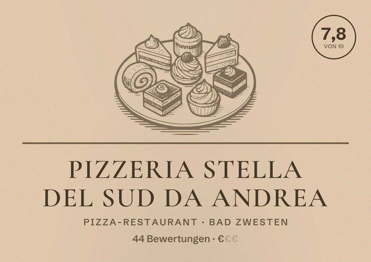 Illustriertes Poster von Pizzeria Stella del Sud da Andrea, Pizza-Restaurant in Bad Zwesten: Bewertung 7,8 von 10 aus 44 Bewertungen, Preisniveau €