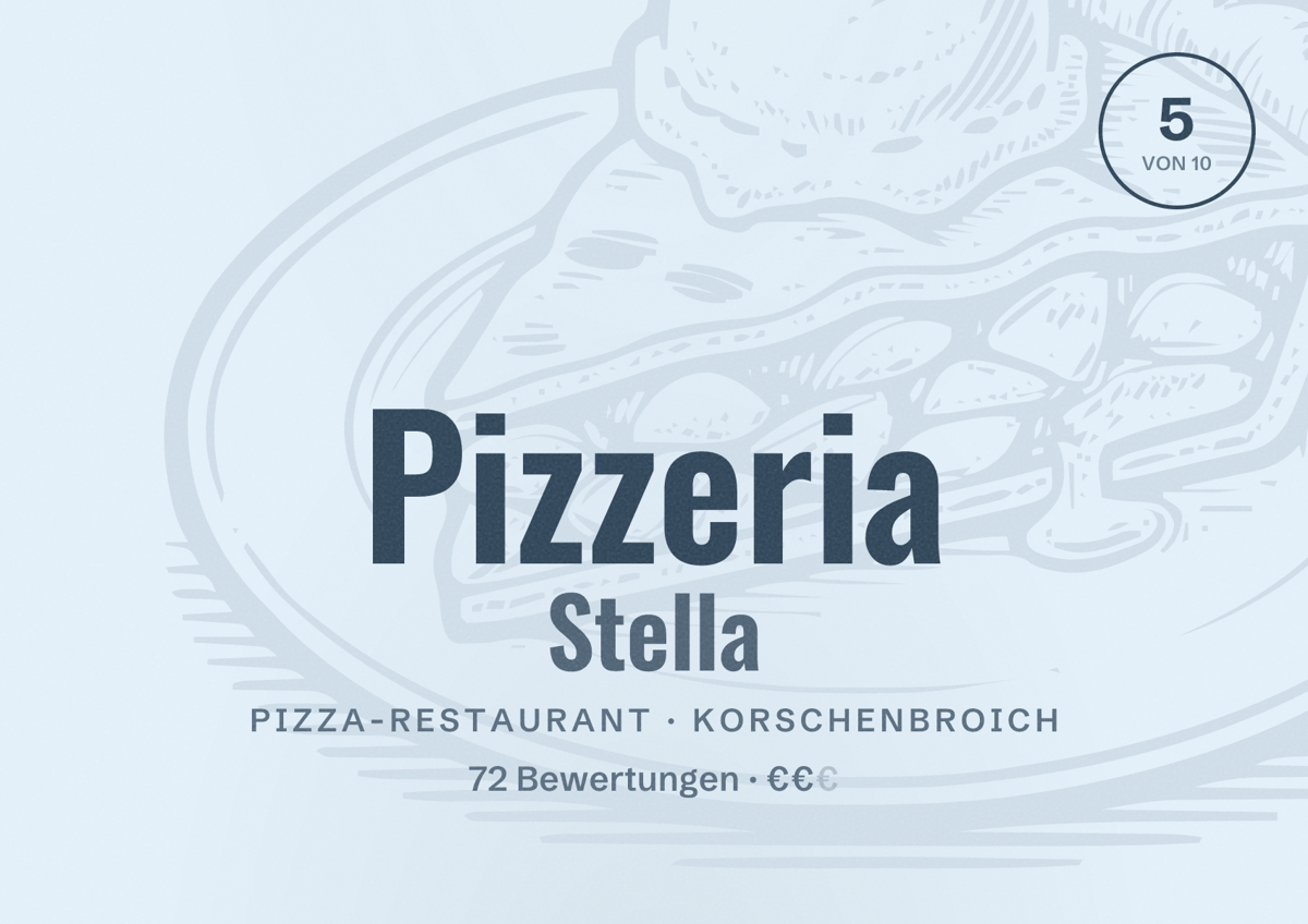 Illustriertes Poster von Pizzeria Stella, Pizza-Restaurant in Korschenbroich: Bewertung 5 von 10 aus 72 Bewertungen, Preisniveau €€