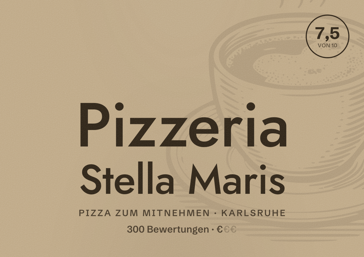 Illustriertes Poster von Pizzeria Stella Maris, Pizza zum Mitnehmen in Karlsruhe: Bewertung 7,5 von 10 aus 300 Bewertungen, Preisniveau €