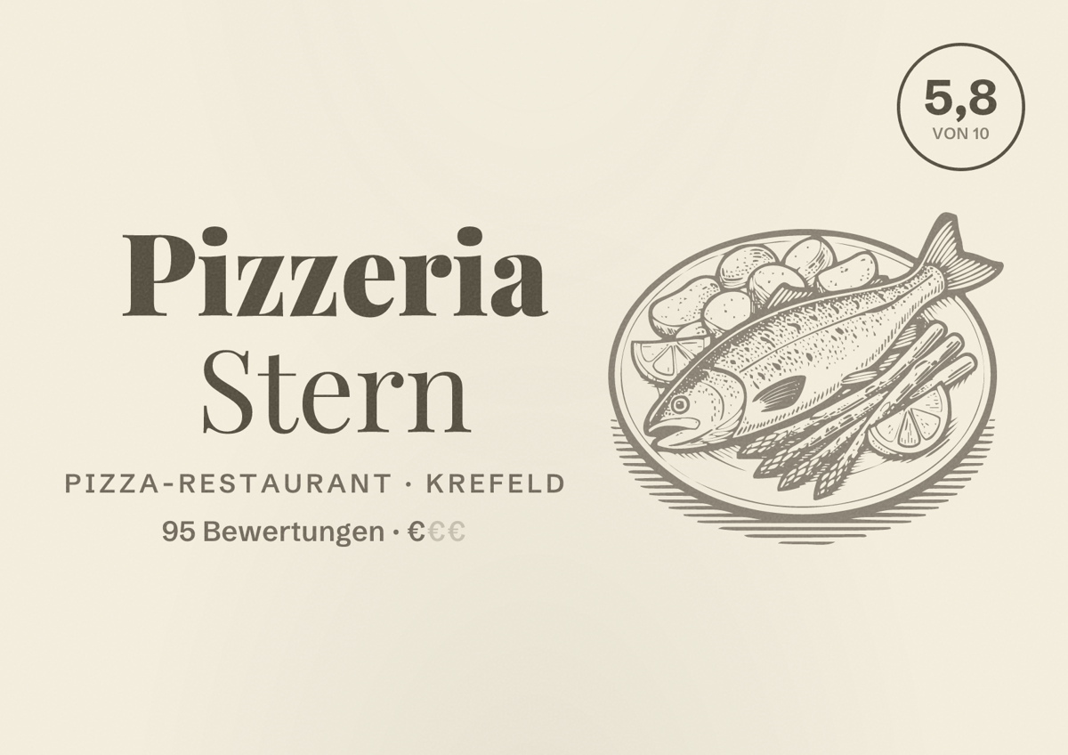 Illustriertes Poster von Pizzeria Stern, Pizza-Restaurant in Krefeld: Bewertung 5,8 von 10 aus 95 Bewertungen, Preisniveau €