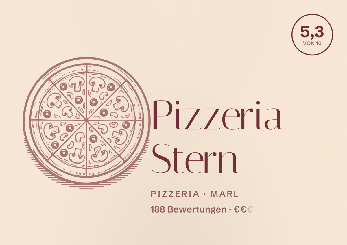 Illustriertes Poster von Pizzeria Stern, Pizzeria in Marl: Bewertung 5,3 von 10 aus 188 Bewertungen, Preisniveau €€