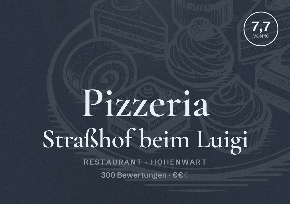 Illustriertes Poster von Pizzeria Straßhof beim Luigi, Restaurant in Hohenwart: Bewertung 7,7 von 10 aus 300 Bewertungen, Preisniveau €€