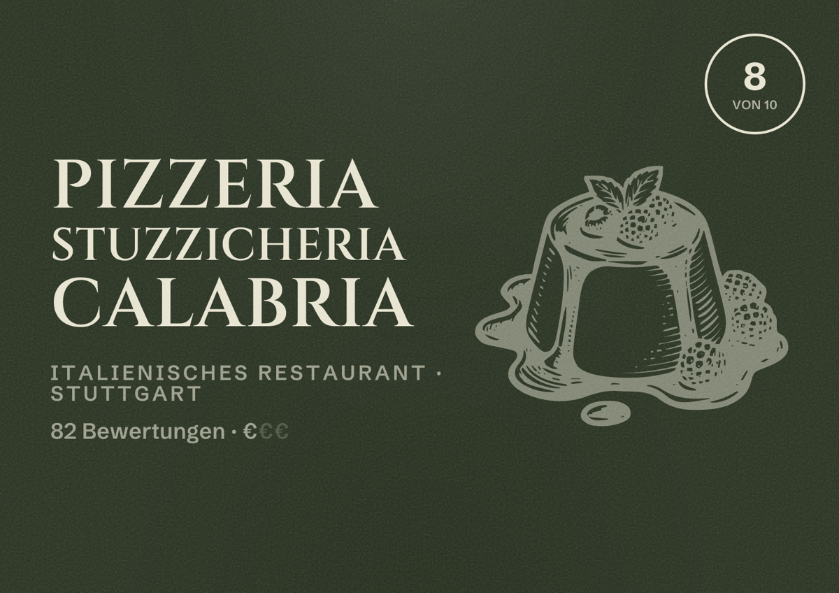 Illustriertes Poster von Pizzeria Stuzzicheria Calabria, Italienisches Restaurant in Stuttgart: Bewertung 8,0 von 10 aus 82 Bewertungen, Preisniveau €