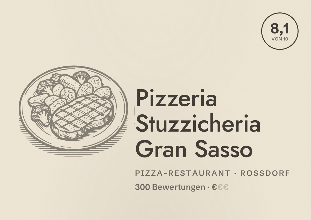 Illustriertes Poster von Pizzeria Stuzzicheria Gran Sasso, Pizza-Restaurant in Roßdorf: Bewertung 8,1 von 10 aus 300 Bewertungen, Preisniveau €