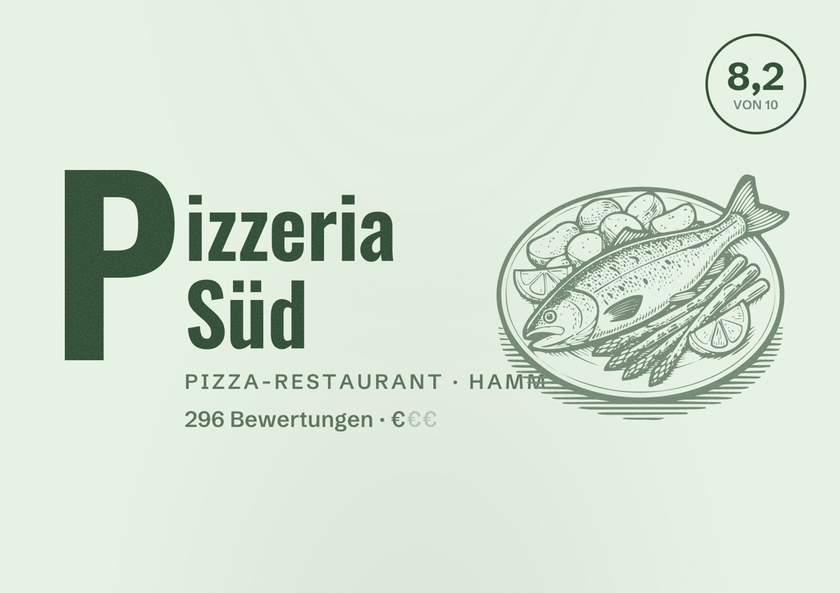 Illustriertes Poster von Pizzeria Süd, Pizza-Restaurant in Hamm: Bewertung 8,2 von 10 aus 296 Bewertungen, Preisniveau €