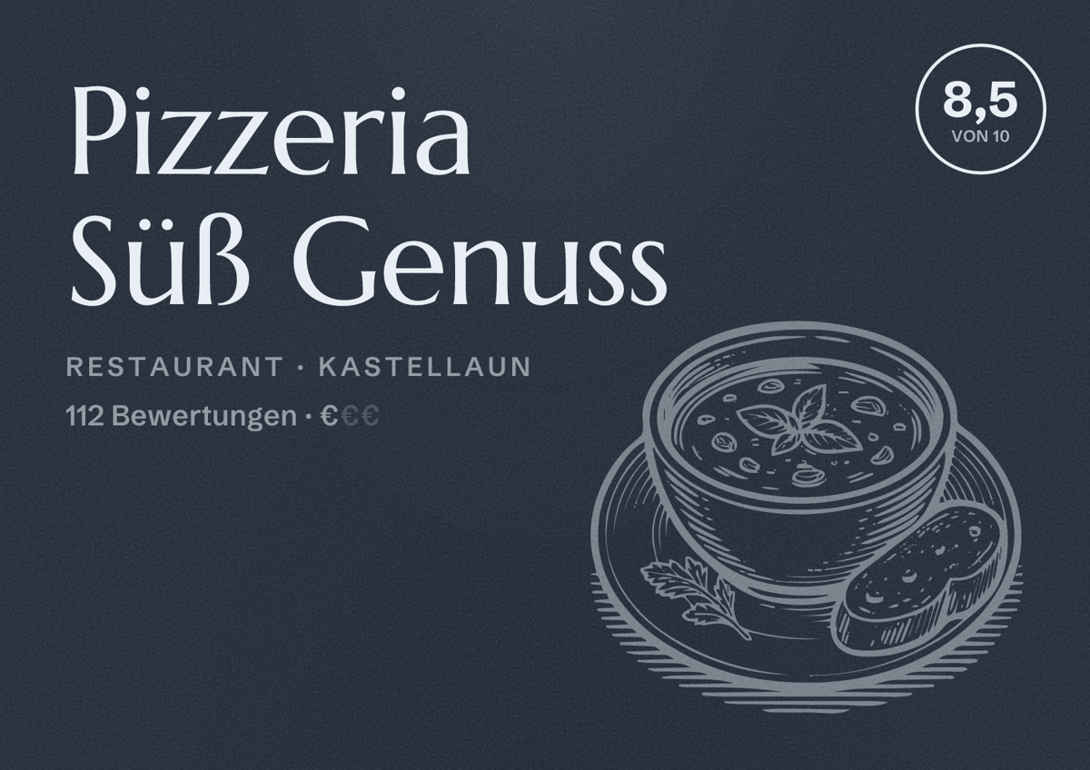 Illustriertes Poster von Pizzeria Süß Genuss, Restaurant in Kastellaun: Bewertung 8,5 von 10 aus 112 Bewertungen, Preisniveau €