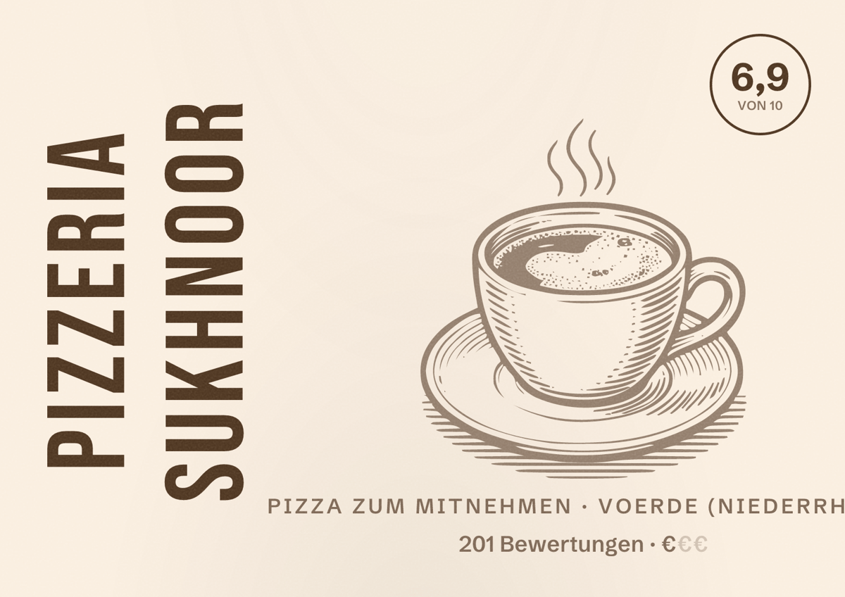 Illustriertes Poster von Pizzeria Sukhnoor, Pizza zum Mitnehmen in Voerde (Niederrhein): Bewertung 6,9 von 10 aus 201 Bewertungen, Preisniveau €