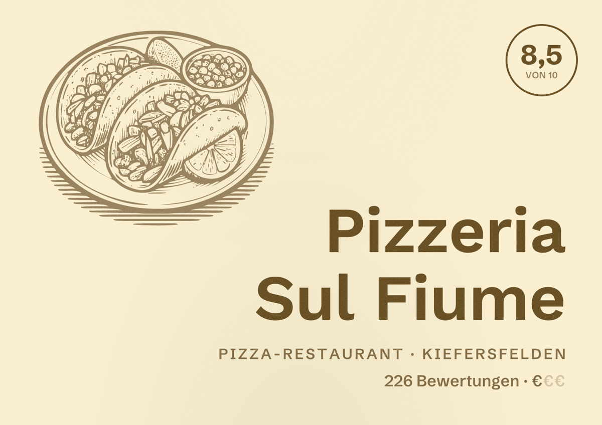 Illustriertes Poster von Pizzeria Sul Fiume, Pizza-Restaurant in Kiefersfelden: Bewertung 8,5 von 10 aus 226 Bewertungen, Preisniveau €