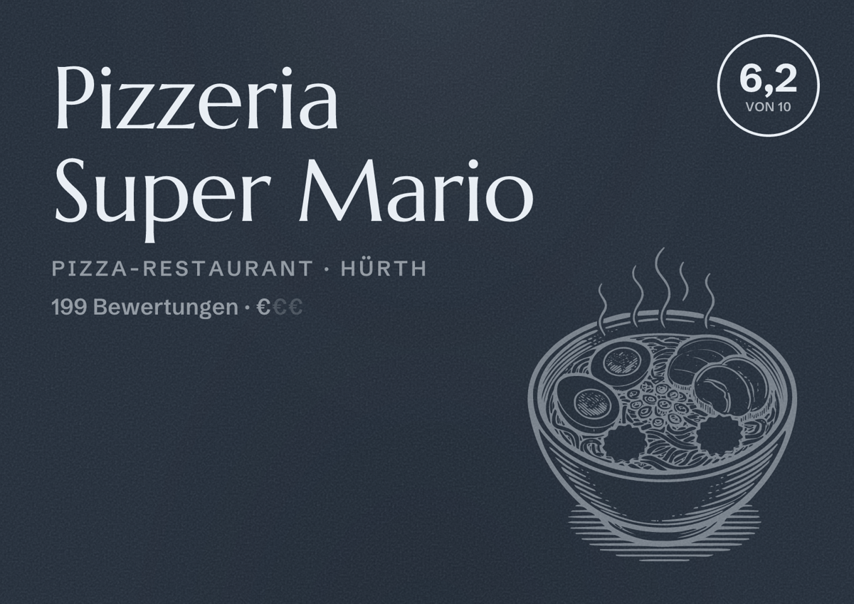 Illustriertes Poster von Pizzeria Super Mario, Pizza-Restaurant in Hürth: Bewertung 6,2 von 10 aus 199 Bewertungen, Preisniveau €