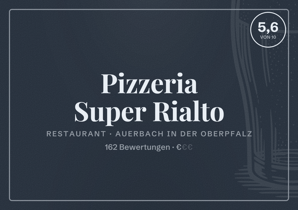 Illustriertes Poster von Pizzeria Super Rialto, Restaurant in Auerbach in der Oberpfalz: Bewertung 5,6 von 10 aus 162 Bewertungen, Preisniveau €
