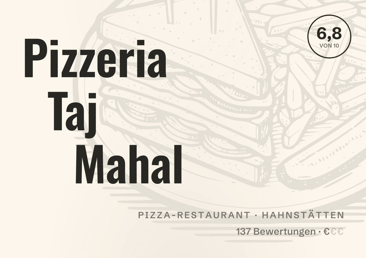 Illustriertes Poster von Pizzeria Taj Mahal, Pizza-Restaurant in Hahnstätten: Bewertung 6,8 von 10 aus 137 Bewertungen, Preisniveau €