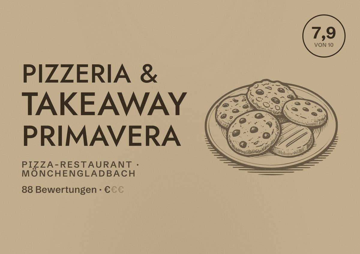 Illustriertes Poster von Pizzeria & Takeaway Primavera, Pizza-Restaurant in Mönchengladbach: Bewertung 7,9 von 10 aus 88 Bewertungen, Preisniveau €