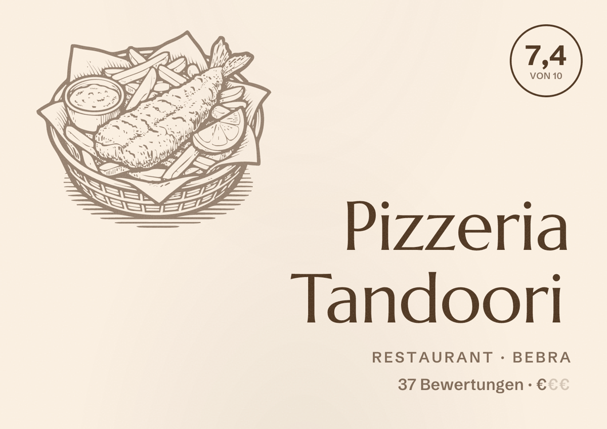 Illustriertes Poster von Pizzeria Tandoori, Restaurant in Bebra: Bewertung 7,4 von 10 aus 37 Bewertungen, Preisniveau €