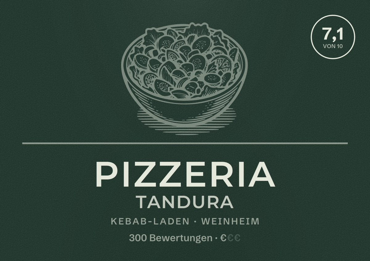 Illustriertes Poster von Pizzeria Tandura, Kebab-Laden in Weinheim: Bewertung 7,1 von 10 aus 300 Bewertungen, Preisniveau €