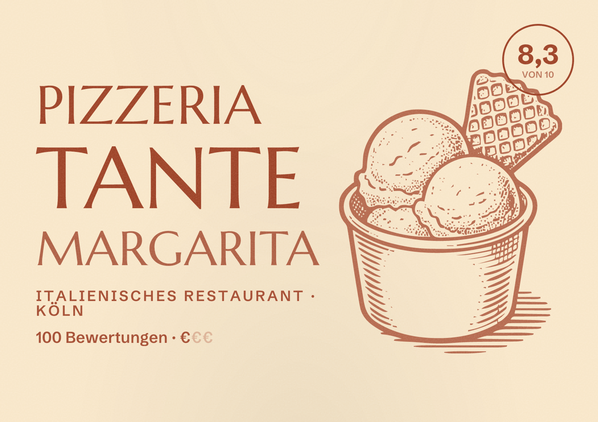 Illustriertes Poster von Pizzeria Tante Margarita, Italienisches Restaurant in Köln: Bewertung 8,3 von 10 aus 100 Bewertungen, Preisniveau €
