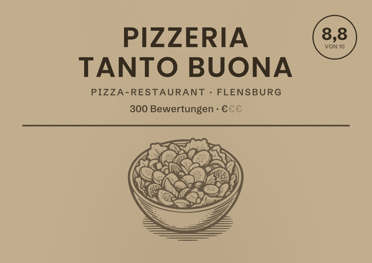 Illustriertes Poster von Pizzeria Tanto buona, Pizza-Restaurant in Flensburg: Bewertung 8,8 von 10 aus 300 Bewertungen, Preisniveau €
