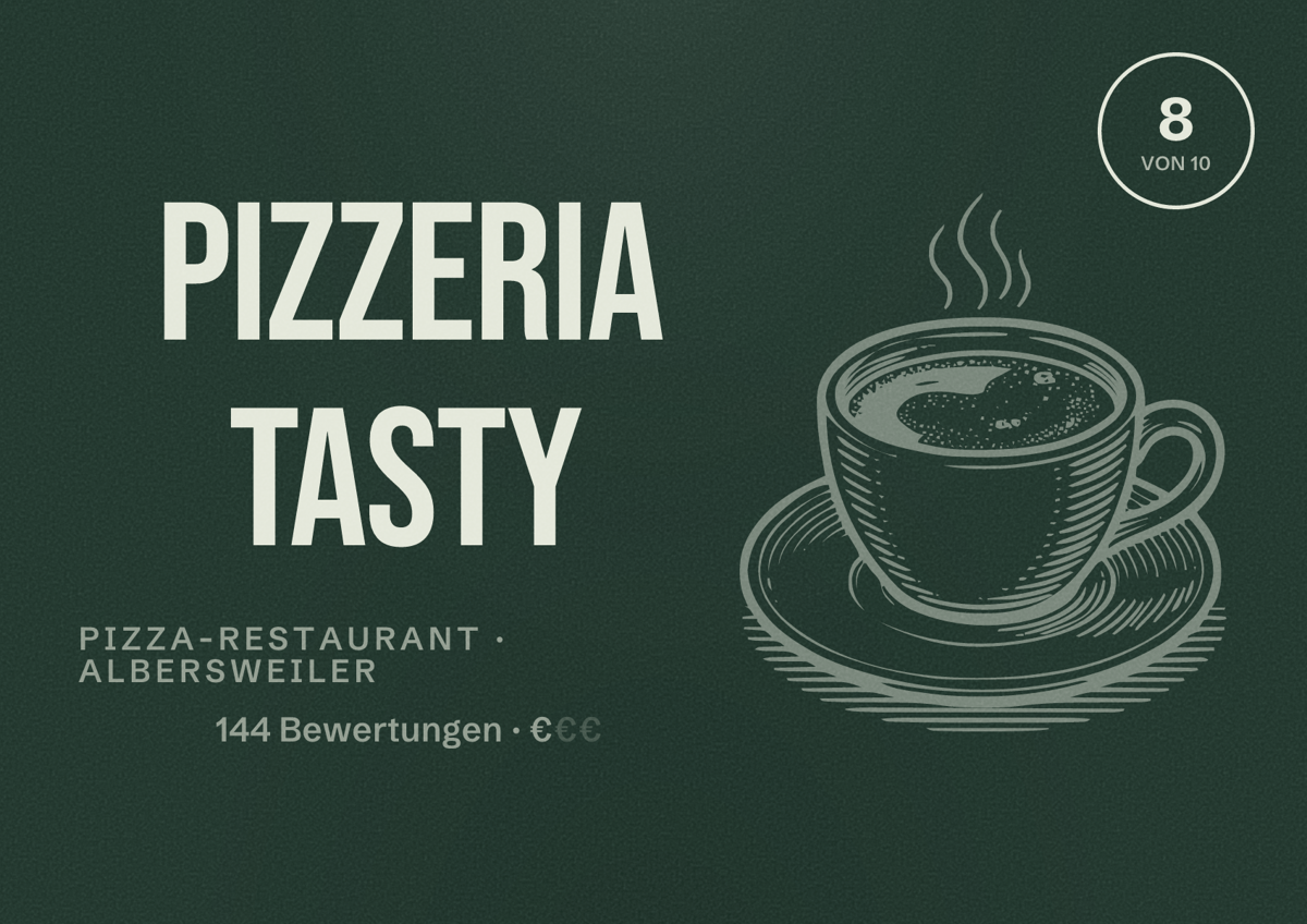 Illustriertes Poster von Pizzeria Tasty, Pizza-Restaurant in Albersweiler: Bewertung 8 von 10 aus 144 Bewertungen, Preisniveau €