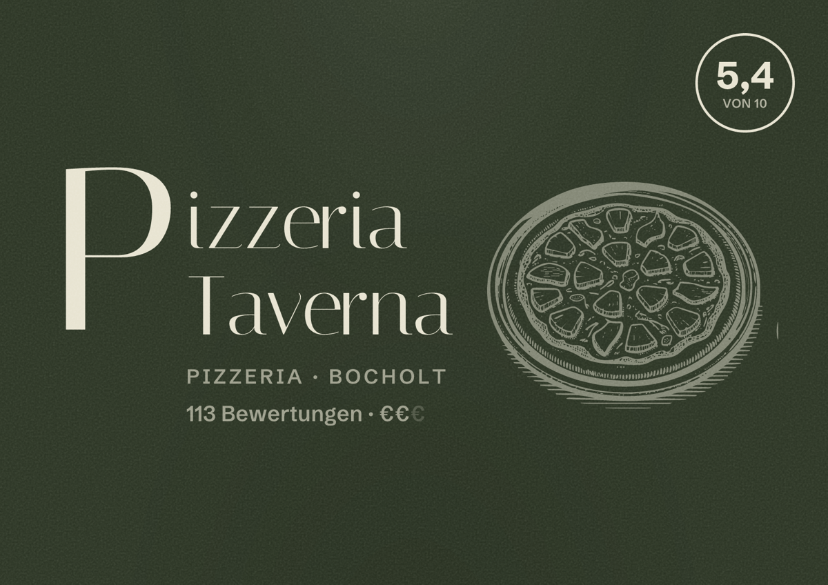 Illustriertes Poster von Pizzeria Taverna, Pizzeria in Bocholt: Bewertung 5,4 von 10 aus 113 Bewertungen, Preisniveau €€