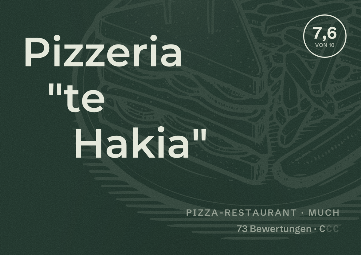 Illustriertes Poster von Pizzeria "te Hakia", Pizza-Restaurant in Much: Bewertung 7,6 von 10 aus 73 Bewertungen, Preisniveau €