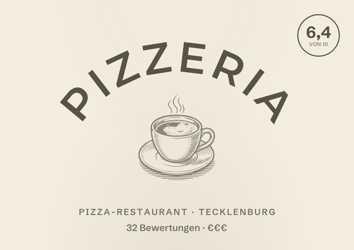 Illustriertes Poster von Pizzeria, Pizza-Restaurant in Tecklenburg: Bewertung 6,4 von 10 aus 32 Bewertungen, Preisniveau €€€