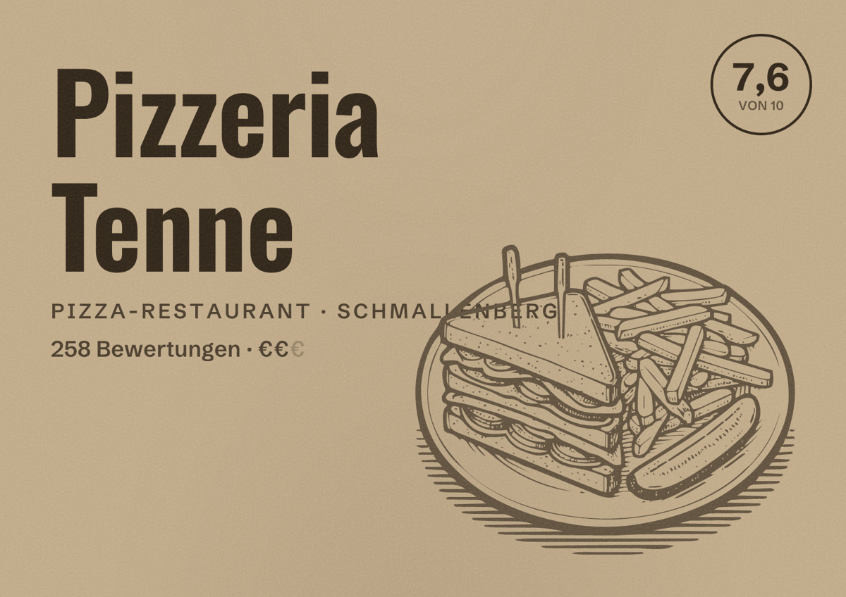 Illustriertes Poster von Pizzeria Tenne, Pizza-Restaurant in Schmallenberg: Bewertung 7,6 von 10 aus 258 Bewertungen, Preisniveau €€