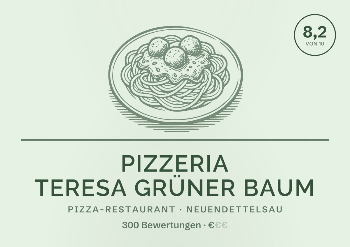 Illustriertes Poster von Pizzeria Teresa Grüner Baum, Pizza-Restaurant in Neuendettelsau: Bewertung 8,2 von 10 aus 300 Bewertungen, Preisniveau €