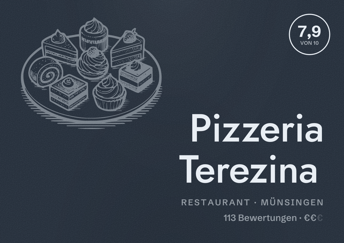 Illustriertes Poster von Pizzeria Terezina, Restaurant in Münsingen: Bewertung 7,9 von 10 aus 113 Bewertungen, Preisniveau €€