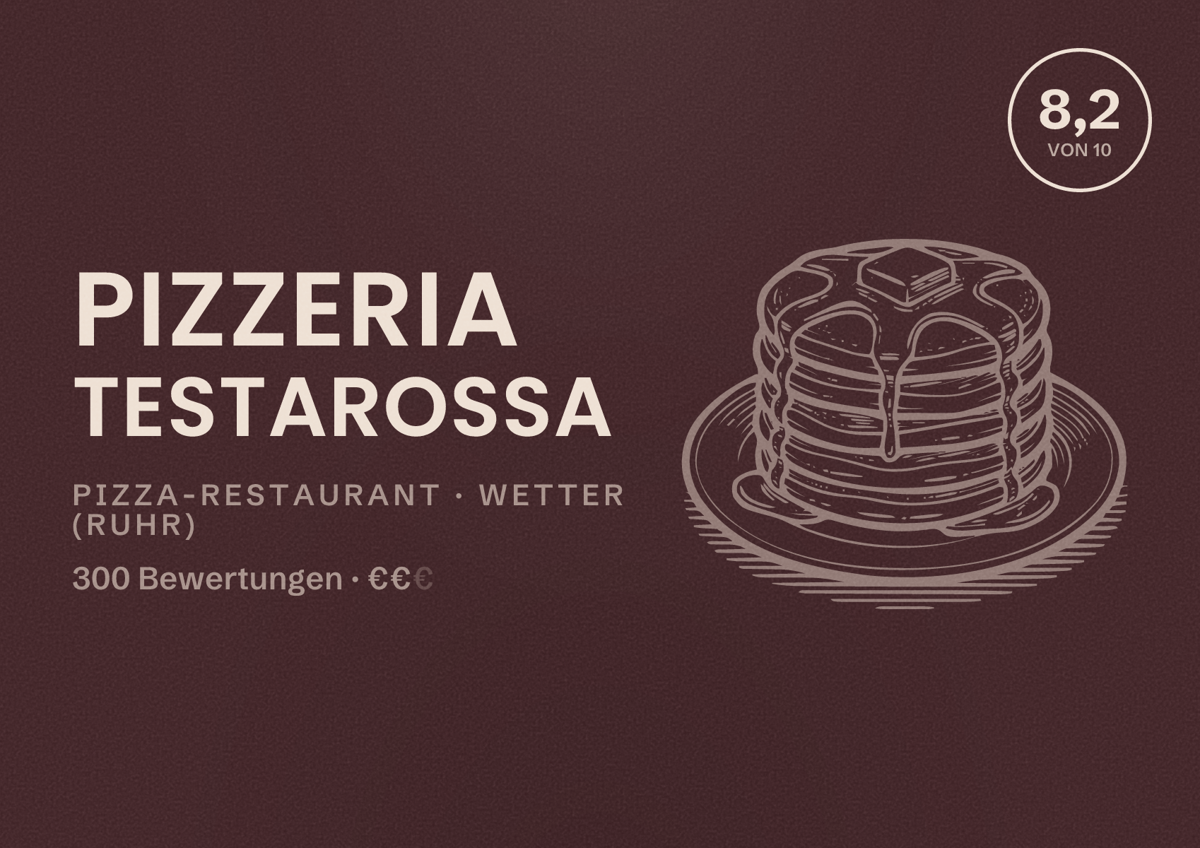 Illustriertes Poster von Pizzeria Testarossa, Pizza-Restaurant in Wetter (Ruhr): Bewertung 8,2 von 10 aus 300 Bewertungen, Preisniveau €€