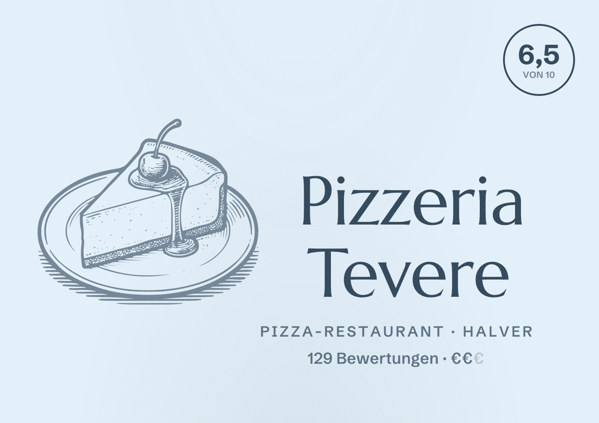 Illustriertes Poster von Pizzeria Tevere, Pizza-Restaurant in Halver: Bewertung 6,5 von 10 aus 129 Bewertungen, Preisniveau €€