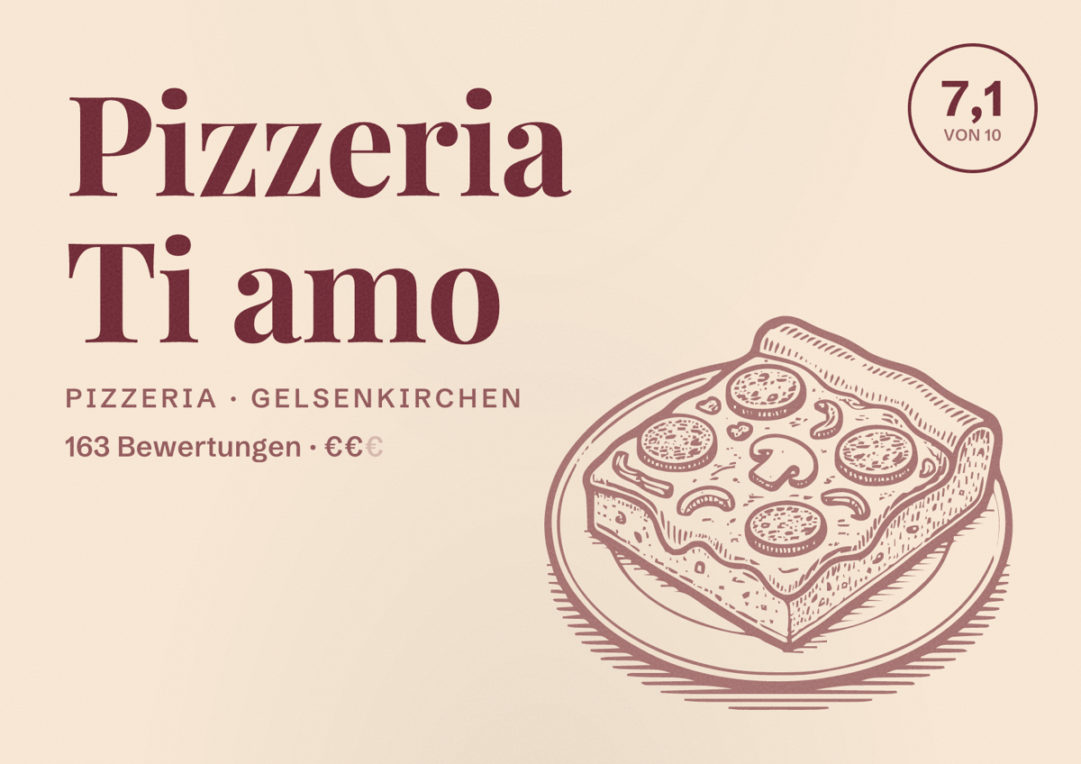 Illustriertes Poster von Pizzeria Ti amo, Pizzeria in Gelsenkirchen: Bewertung 7,1 von 10 aus 163 Bewertungen, Preisniveau €€