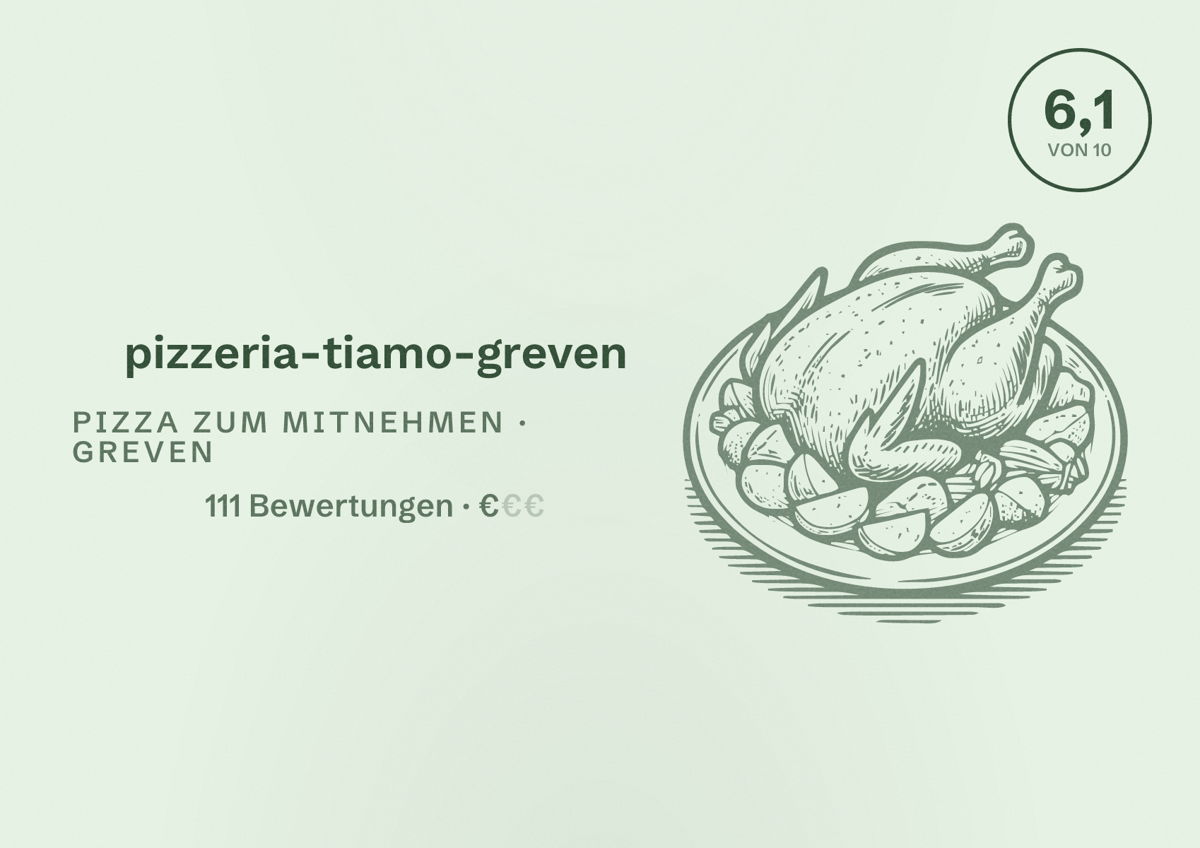 Illustriertes Poster von pizzeria-tiamo-greven, Pizza zum Mitnehmen in Greven: Bewertung 6,1 von 10 aus 111 Bewertungen, Preisniveau €