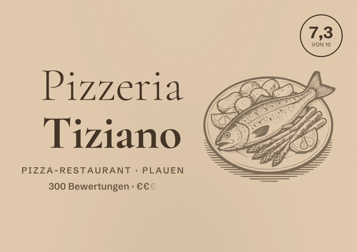 Illustriertes Poster von Pizzeria Tiziano, Pizza-Restaurant in Plauen: Bewertung 7,3 von 10 aus 300 Bewertungen, Preisniveau €€