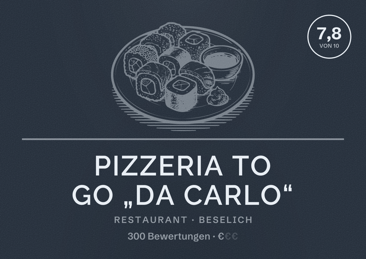 Illustriertes Poster von Pizzeria To Go „Da Carlo“, Restaurant in Beselich: Bewertung 7,8 von 10 aus 300 Bewertungen, Preisniveau €