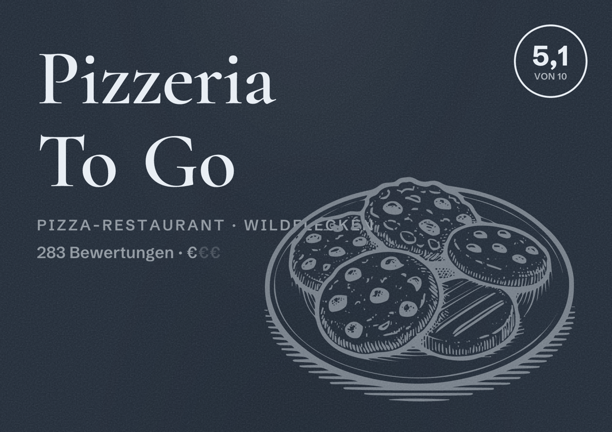 Illustriertes Poster von Pizzeria To Go, Pizza-Restaurant in Wildflecken: Bewertung 5,1 von 10 aus 283 Bewertungen, Preisniveau €