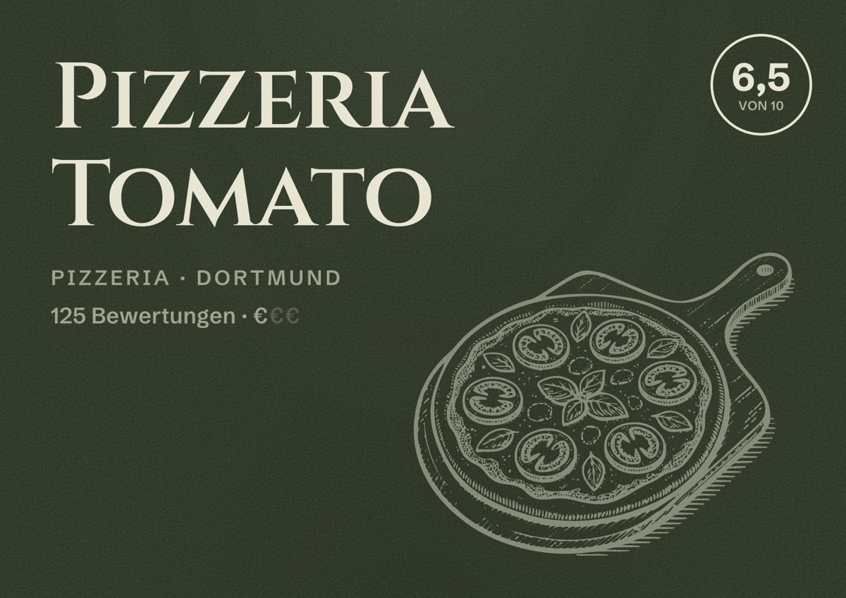 Illustriertes Poster von Pizzeria Tomato, Pizzeria in Dortmund: Bewertung 6,5 von 10 aus 125 Bewertungen, Preisniveau €