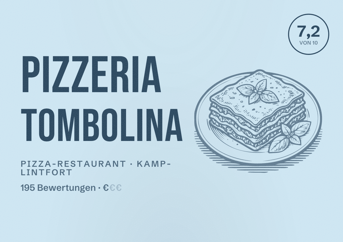 Illustriertes Poster von Pizzeria Tombolina, Pizza-Restaurant in Kamp-Lintfort: Bewertung 7,2 von 10 aus 195 Bewertungen, Preisniveau €