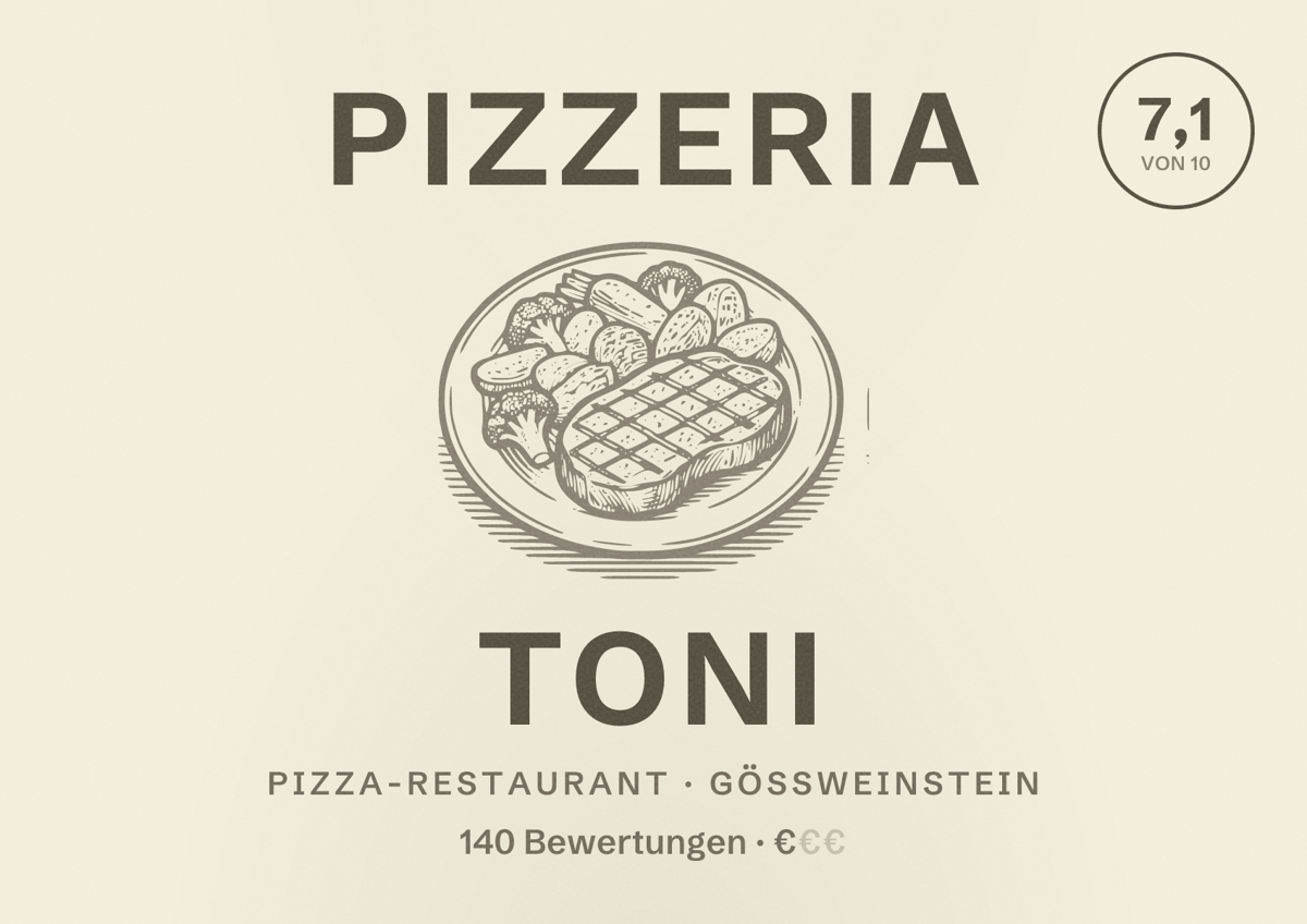 Illustriertes Poster von Pizzeria Toni, Pizza-Restaurant in Gößweinstein: Bewertung 7,1 von 10 aus 140 Bewertungen, Preisniveau €