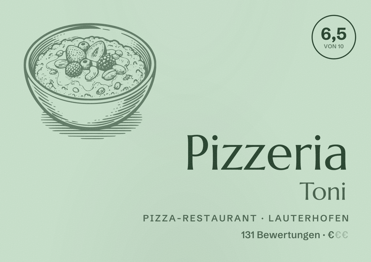 Illustriertes Poster von Pizzeria Toni, Pizza-Restaurant in Lauterhofen: Bewertung 6,5 von 10 aus 131 Bewertungen, Preisniveau €