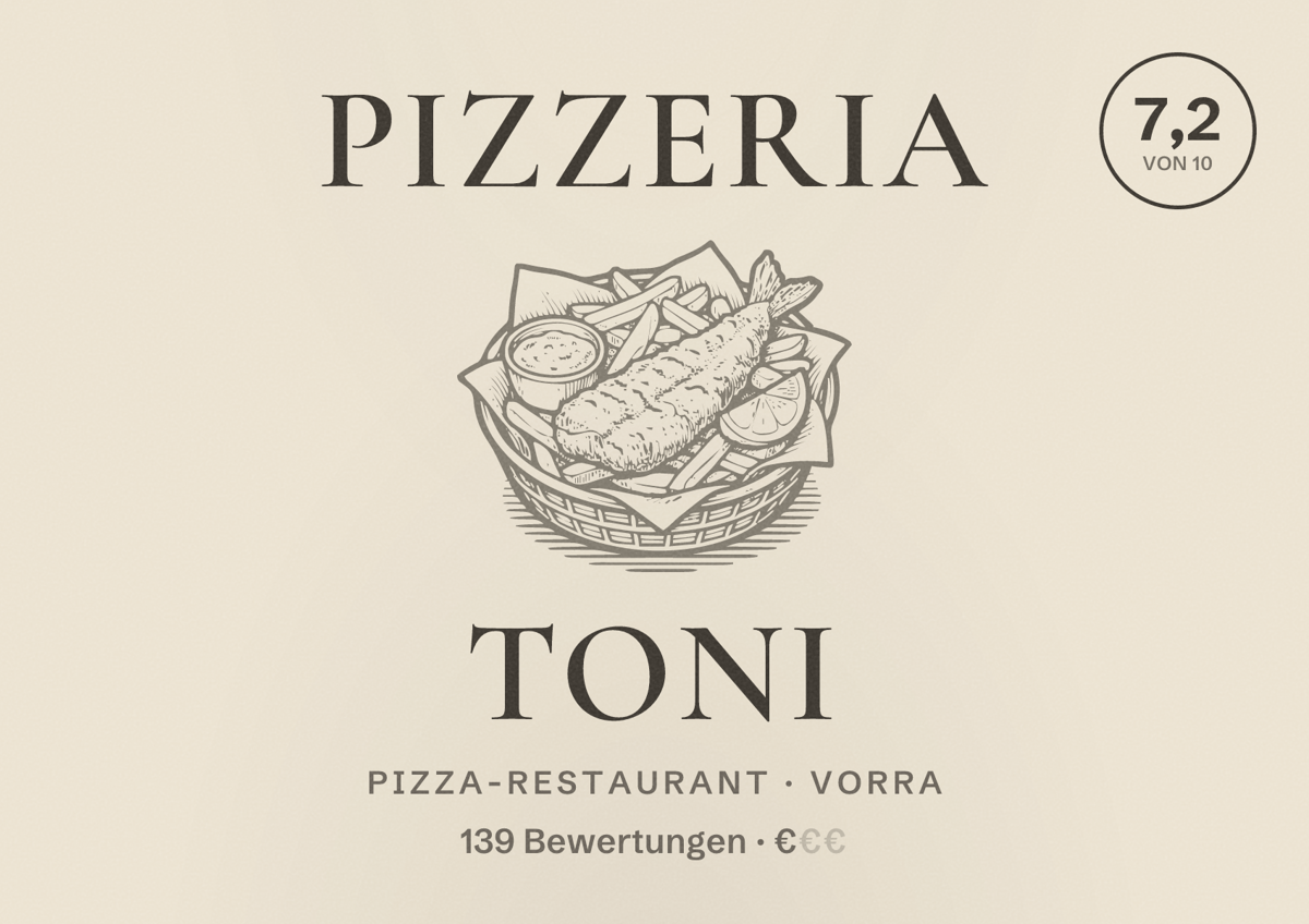 Illustriertes Poster von Pizzeria Toni, Pizza-Restaurant in Vorra: Bewertung 7,2 von 10 aus 139 Bewertungen, Preisniveau €