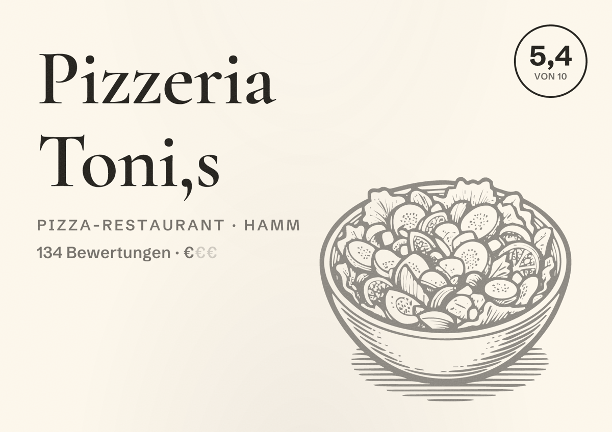 Illustriertes Poster von Pizzeria Toni,s, Pizza-Restaurant in Hamm: Bewertung 5,4 von 10 aus 134 Bewertungen, Preisniveau €