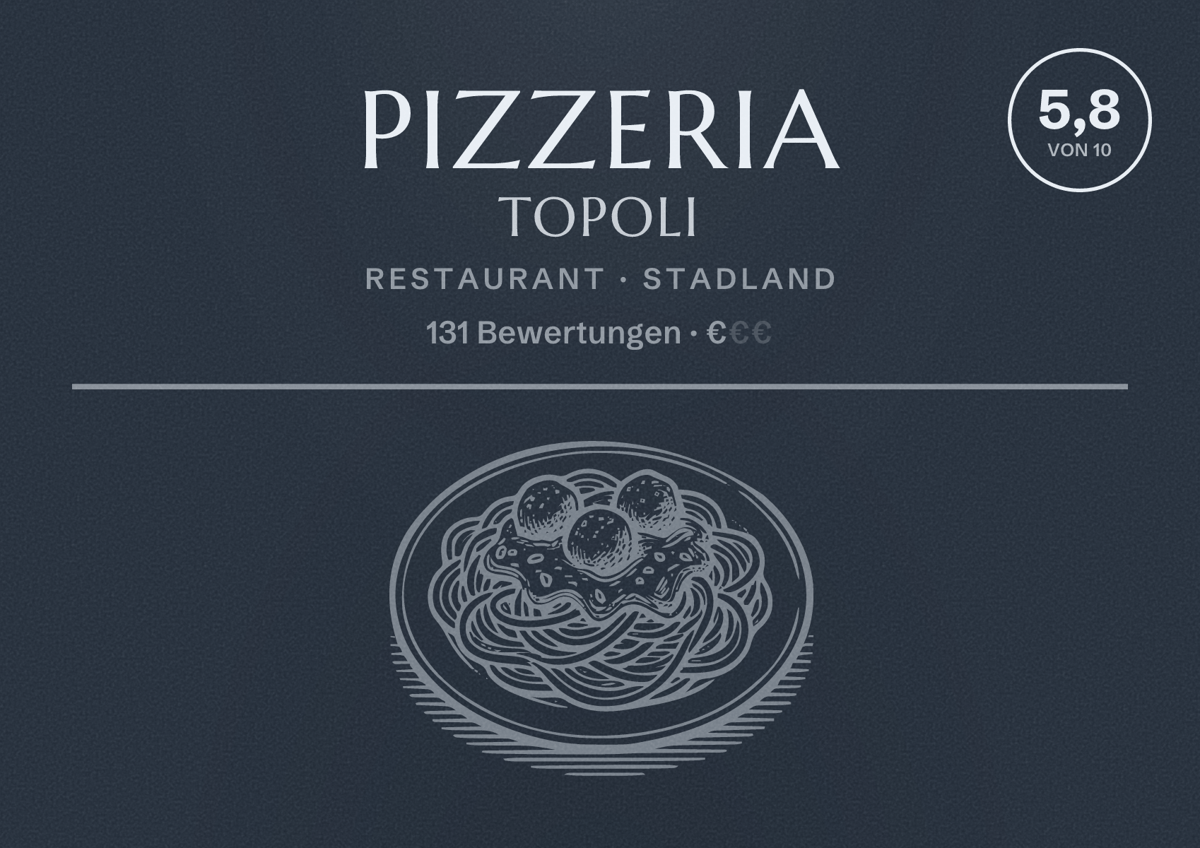 Illustriertes Poster von Pizzeria Topoli, Restaurant in Stadland: Bewertung 5,8 von 10 aus 131 Bewertungen, Preisniveau €