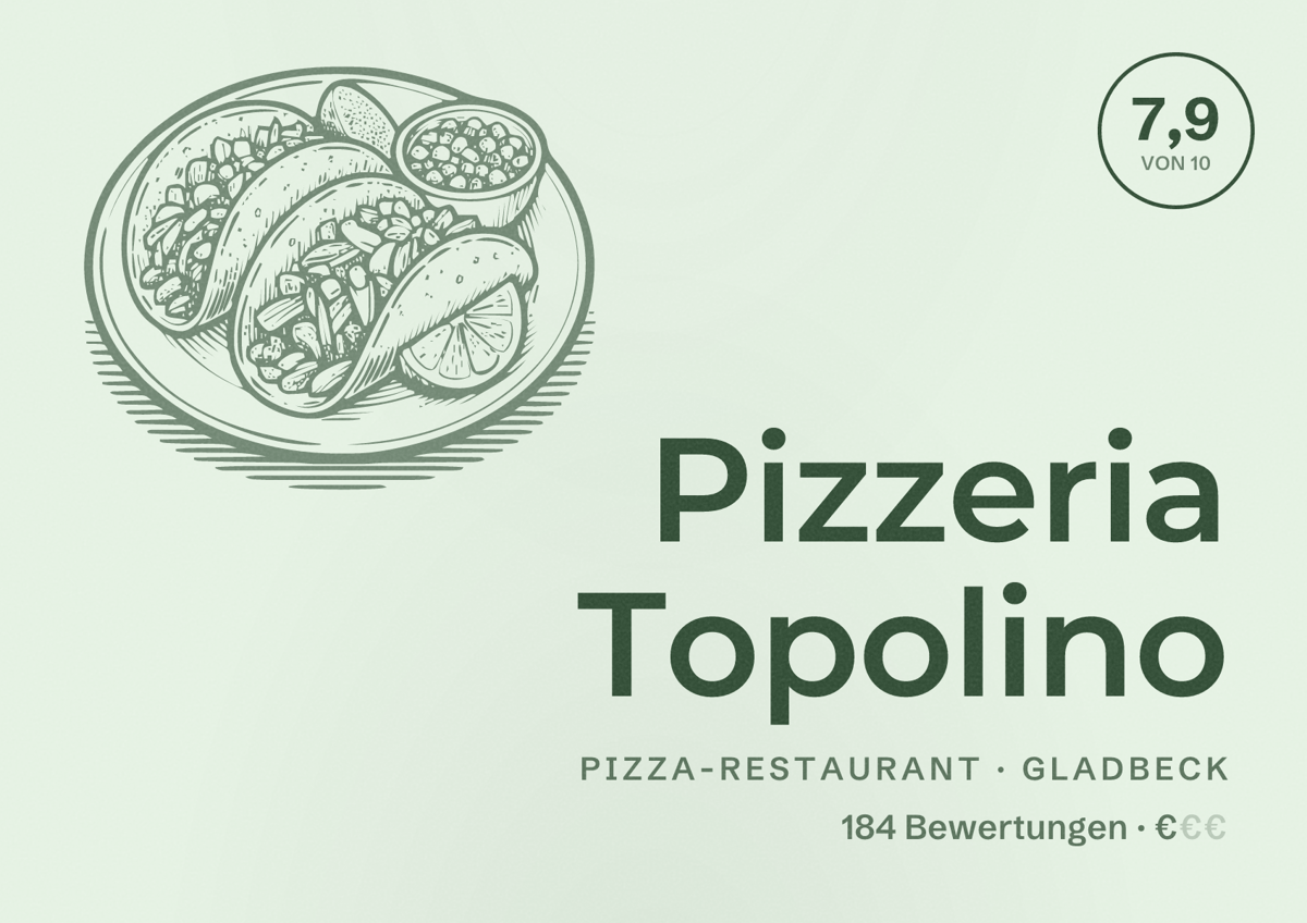 Illustriertes Poster von Pizzeria Topolino, Pizza-Restaurant in Gladbeck: Bewertung 7,9 von 10 aus 184 Bewertungen, Preisniveau €