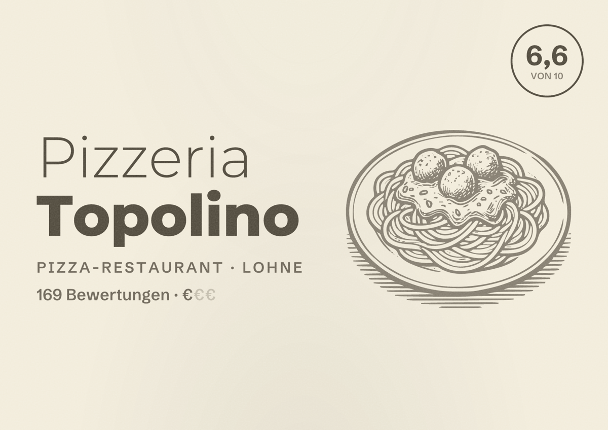 Illustriertes Poster von Pizzeria Topolino, Pizza-Restaurant in Lohne: Bewertung 6,6 von 10 aus 169 Bewertungen, Preisniveau €