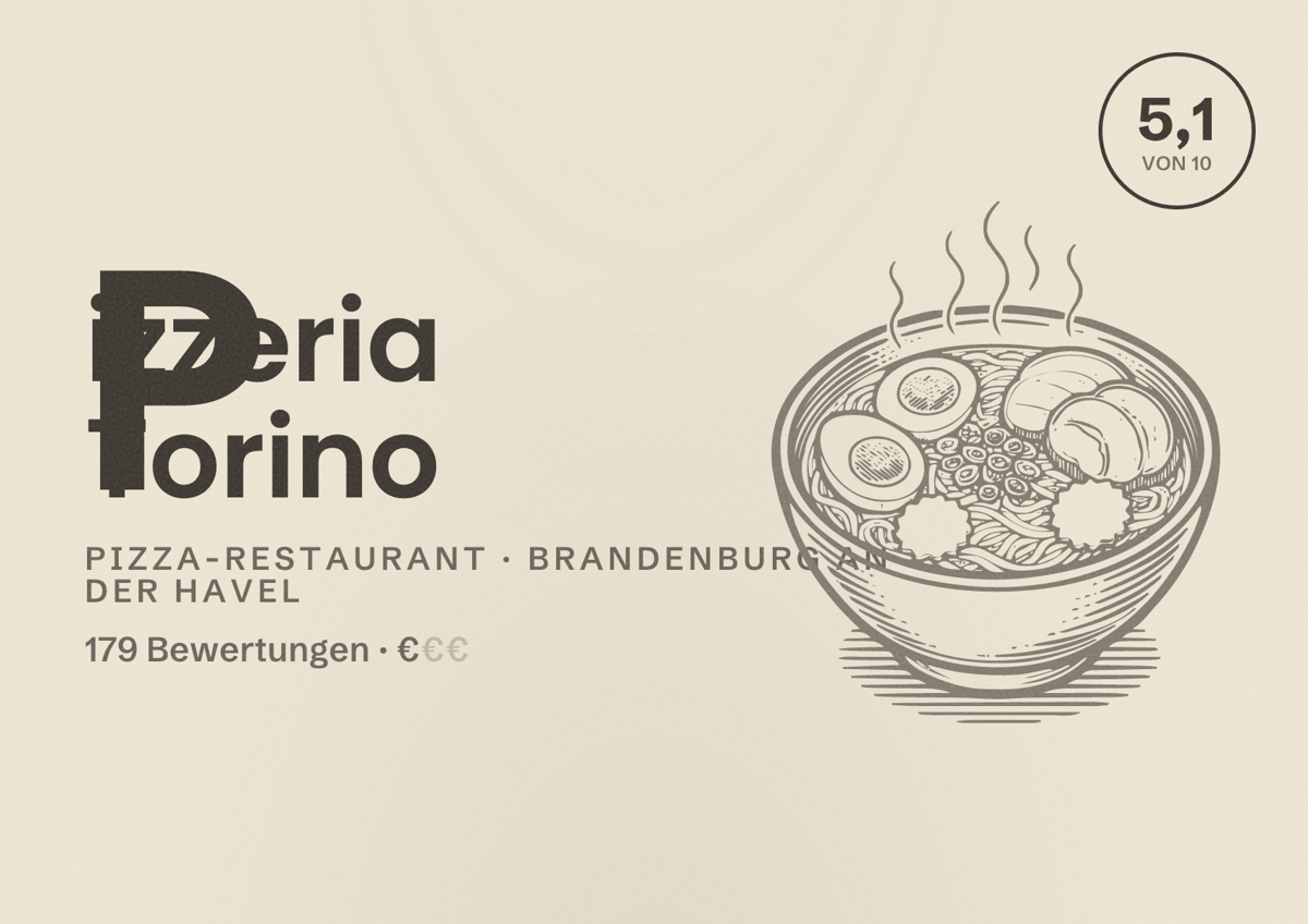 Illustriertes Poster von Pizzeria Torino, Pizza-Restaurant in Brandenburg an der Havel: Bewertung 5,1 von 10 aus 179 Bewertungen, Preisniveau €
