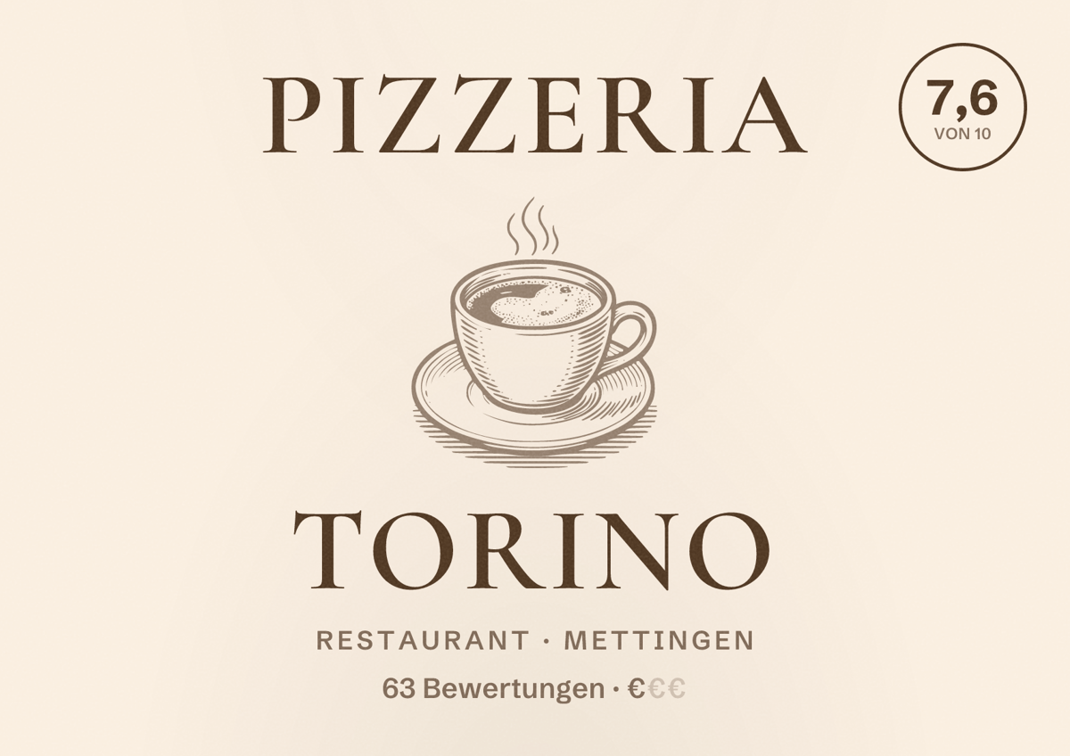 Illustriertes Poster von Pizzeria Torino, Restaurant in Mettingen: Bewertung 7,6 von 10 aus 63 Bewertungen, Preisniveau €