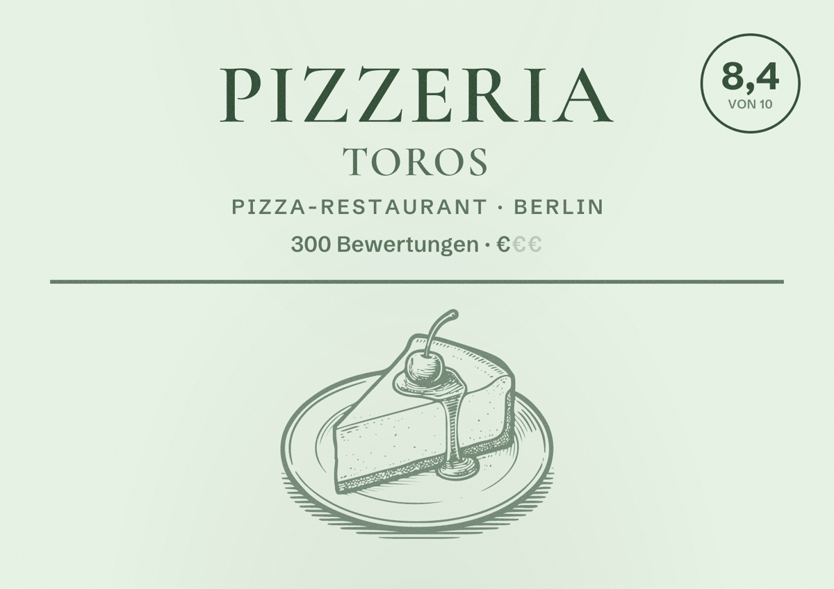 Illustriertes Poster von Pizzeria Toros, Pizza-Restaurant in Berlin: Bewertung 8,4 von 10 aus 300 Bewertungen, Preisniveau €