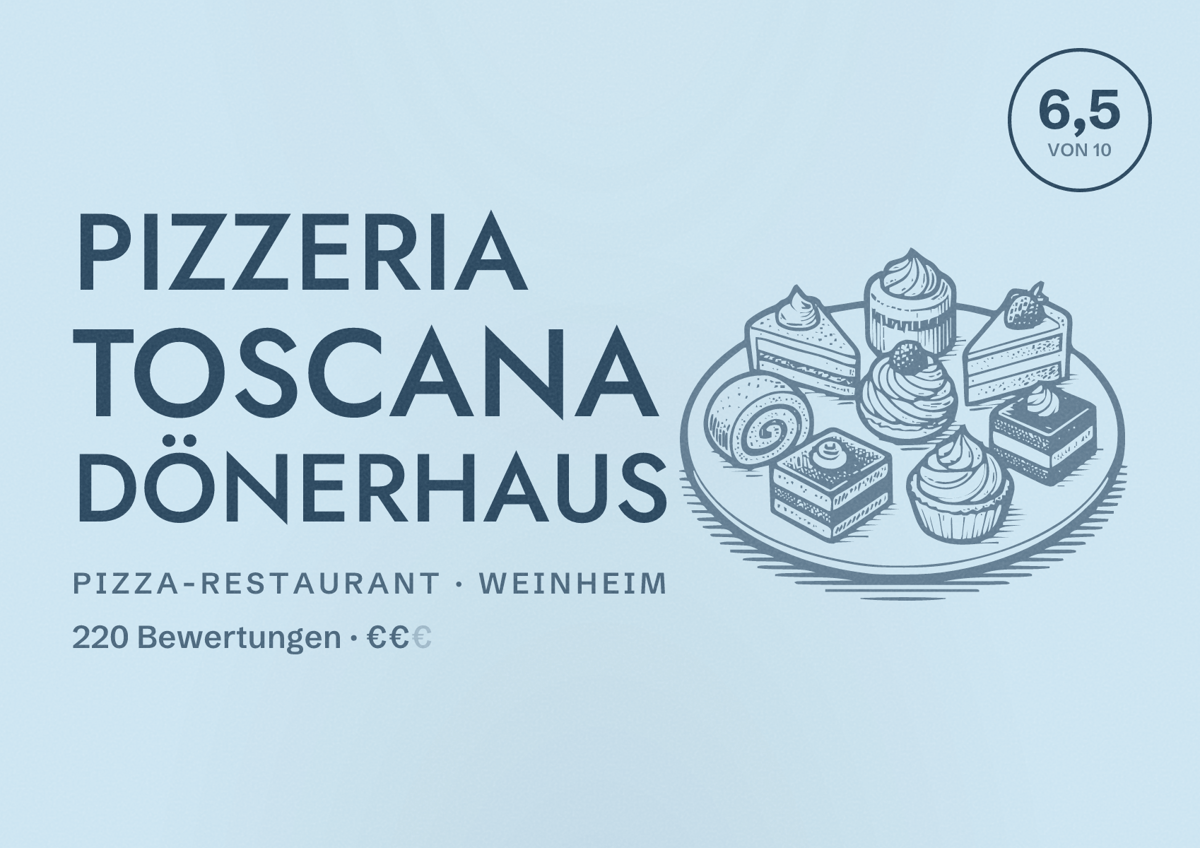 Illustriertes Poster von Pizzeria Toscana Dönerhaus, Pizza-Restaurant in Weinheim: Bewertung 6,5 von 10 aus 220 Bewertungen, Preisniveau €€